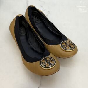 Tory Burch Caroline Ballet Sand Leather Flats shoes Size 5 Old Money Preppy